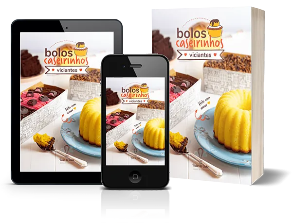 Ebook Bolos Caseirinhos exibido em computador, celular e livro