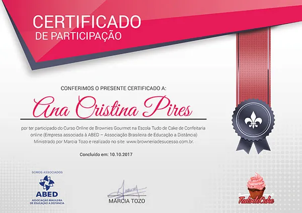 Certificado de conclusão do curso Brownies Gourmet